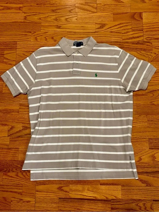 Ralph Lauren Men’s Grey & White Striped Polo with Green Pony