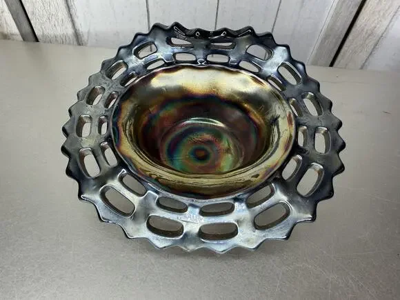 VTG Fenton Carnival Glass Bowl Basket Weave Iridescent Glass Blue Open Lace Edge