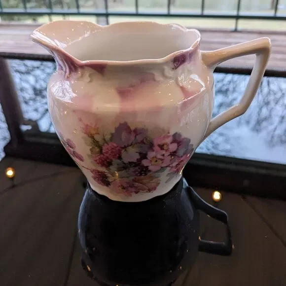 Antique 1800's German Porcelain Pitcher Creamer Floral Black Berry Purple Pink