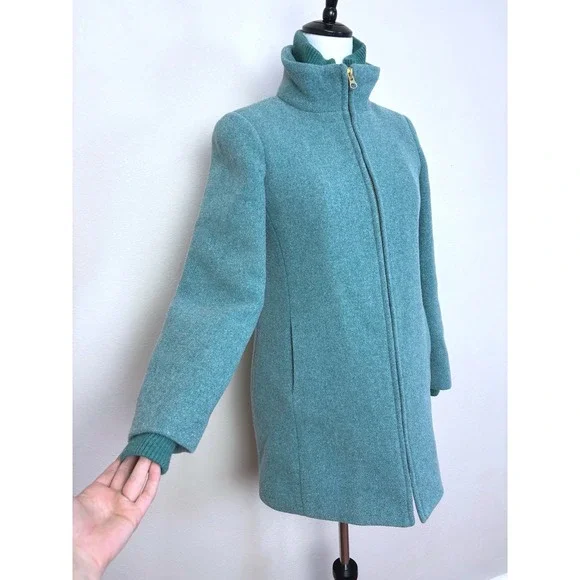 J. Crew Italian Stadium Cloth Lodge Teal Wool Coat Size 2 Full‎ Zip Mock Neck