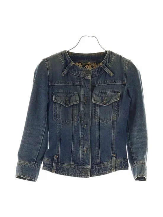 Dolce & Gabbana Collarless Lined Leopard Denim Jacket Indigo