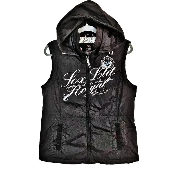 Soccx Black Size L Women Royal Tennis European Vest Zip On Hood Lined Embroidery