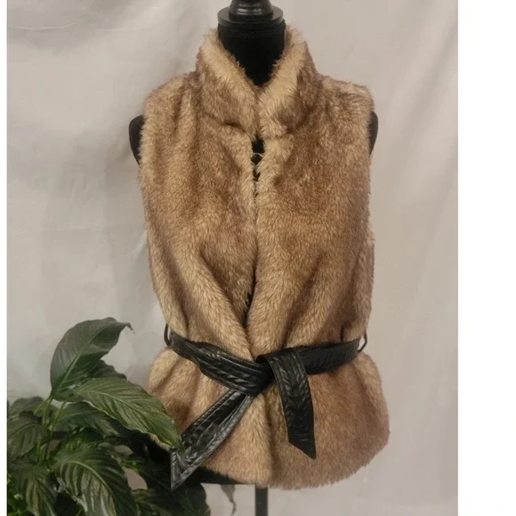 Forever Faux Fur Vest Brown Tan‎ Belted Sleeveless Jacket Small