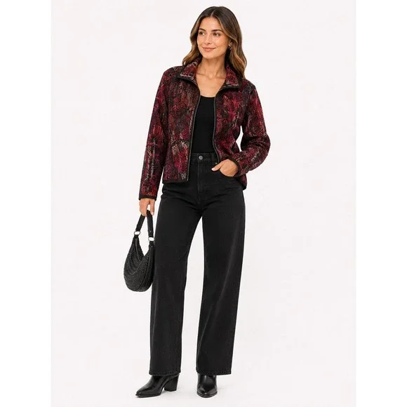 Christopher & Banks Jacket Womens PS Red Paisley Tapestry Zip Up Petite Boho