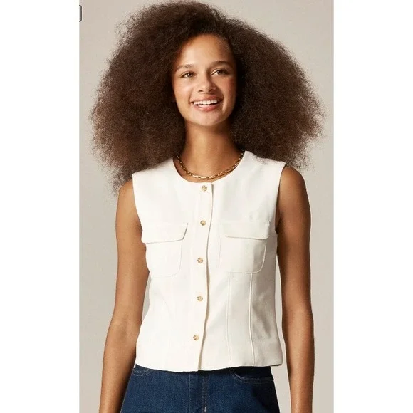 NEWJ.Crew Ivory Crewneck Vest in City Crepe Button Front Size 8 Minimalist Chic‎