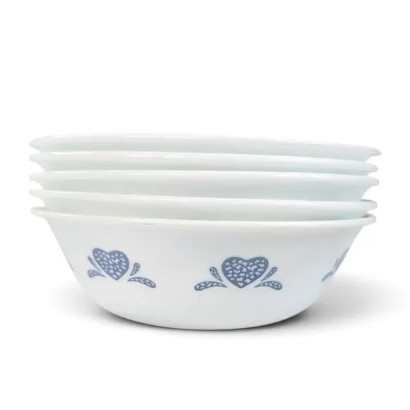 Corelle Corning Ware Blue Hearts Sponge 6.25 Inch Cereal Soup Bowls Set of 5 USA