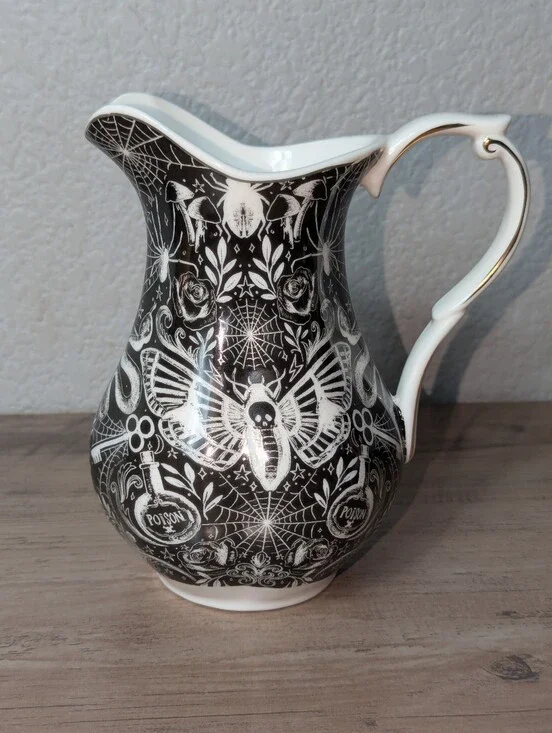 MONTEREY BAY Fine Porcelain Gothic Serving Pitcher With Moth Skull Design