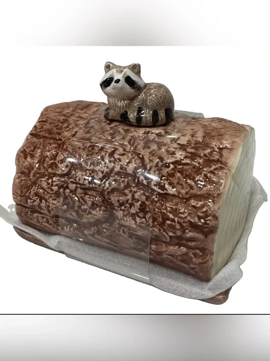 Large Heritage Harvest Fall Butter Dish w/Forest Raccoon on Log New