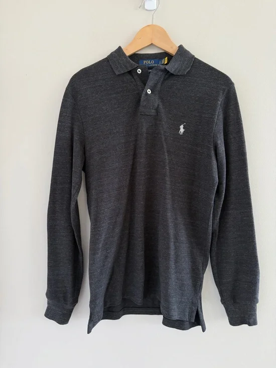 Polo Ralph Lauren Gray Long‎ Sleeve Polo Shirt Slim Fit Preppy Minimalist Mens S