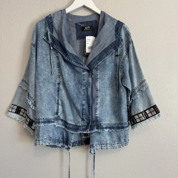 NWT Asli Odyakmaz Sequin Trim Hooded Denim Jacket 100% Tencel Boho Festival Sz 2