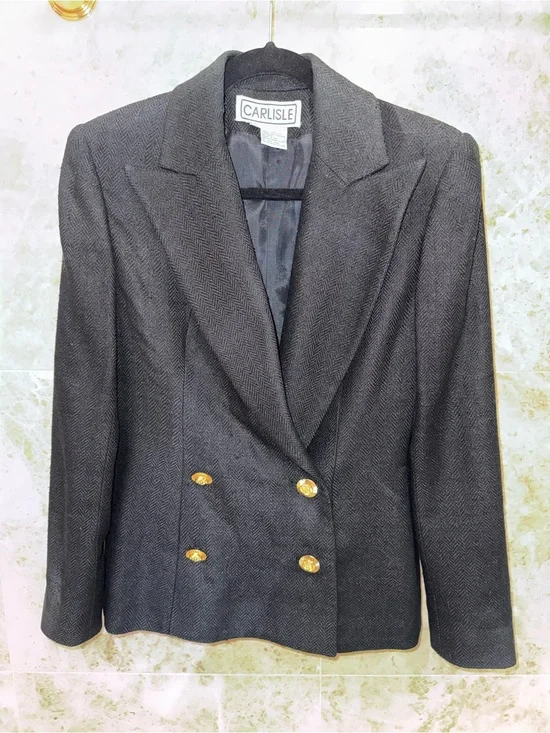 Carlisle Charcoal Herringbone Double-Breasted Blazer with Gold Buttons