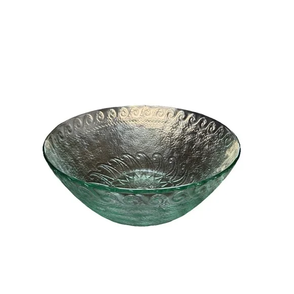Vtg Green Translucent Glass Salad Bowl Textured Sun Waves‎ Design Celestial