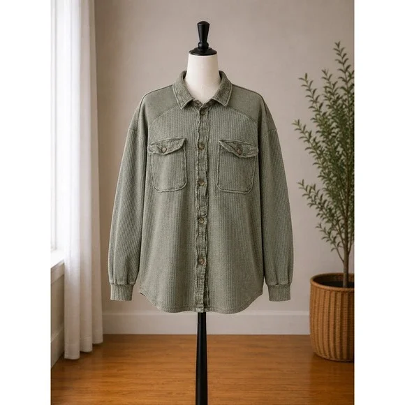 Briggs Womens XL Sage Green Waffle Knit Shacket Mixed Media Button Down Shirt
