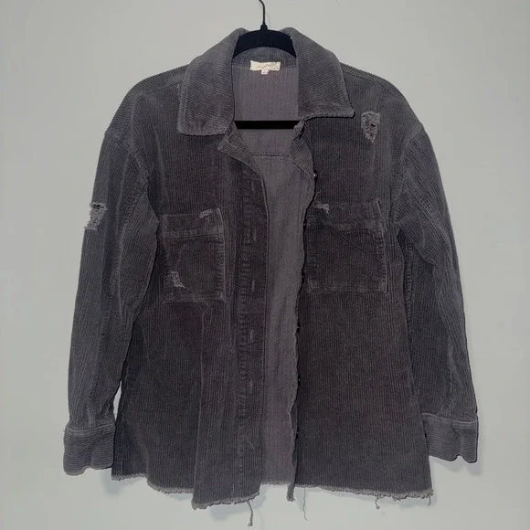 Mystree Charcoal Distressed‎ Corduroy Shacket Oversized Button Down Small