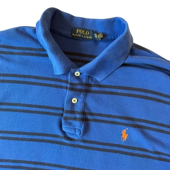 Polo Ralph Lauren Mens XL Blue Black Striped Short Sleeve Pique Polo Shirt