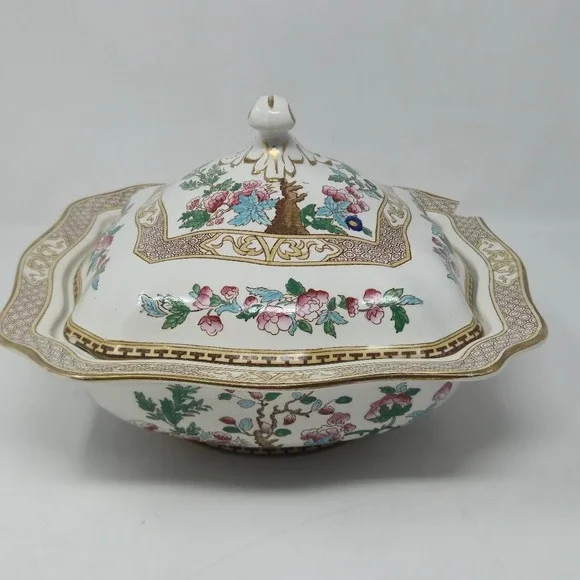Antique Soho Pottery Cobridge Indian Tree Square Covered Vegetable Dish Tureen