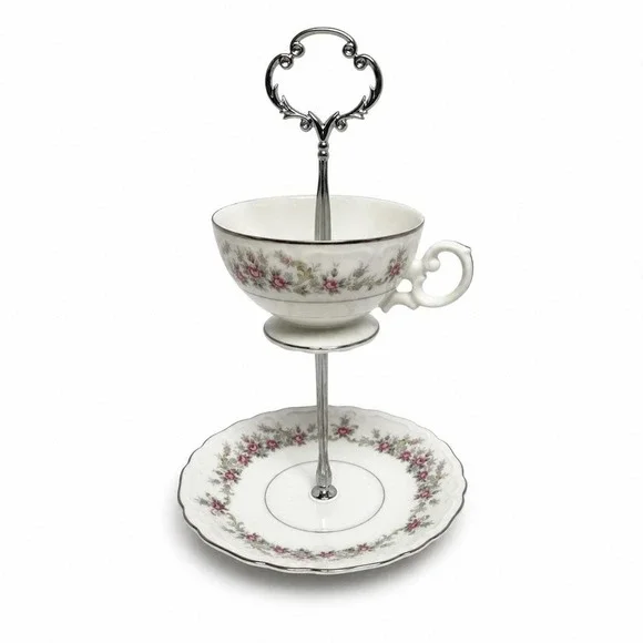 Tiered Stand Unisex OS White Floral Silver Rim 2-Tier Teacup Saucer Upcycle‎