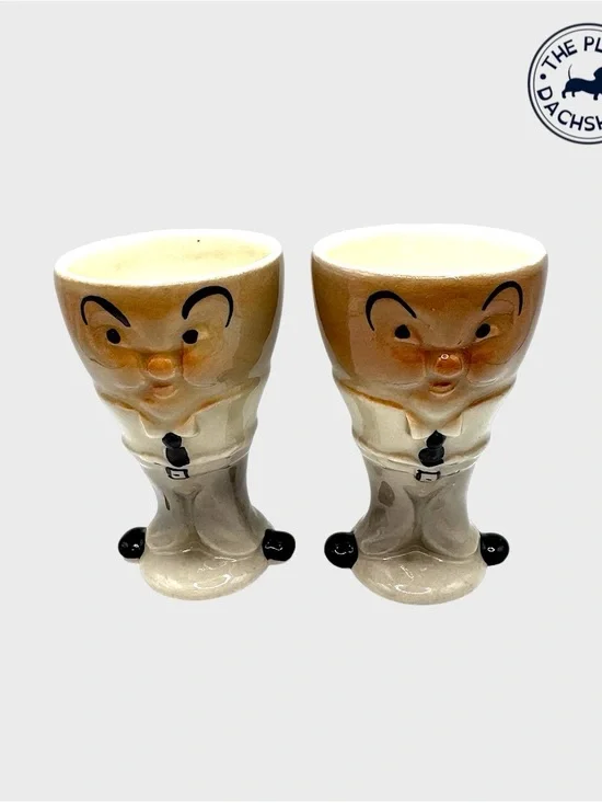 Vintage Ceramic Humpty Egg Cups in Cream and Brown