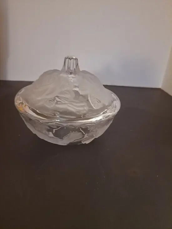 Vintage Beautiful Glass Candy Dish with Embossed Frosted Roses on Bowl and Lid