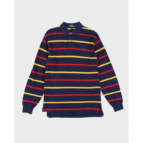 Polo‎ Ralph Lauren Long Sleeve Polo Shirt Men Navy Blue Striped Cotton Large VTG