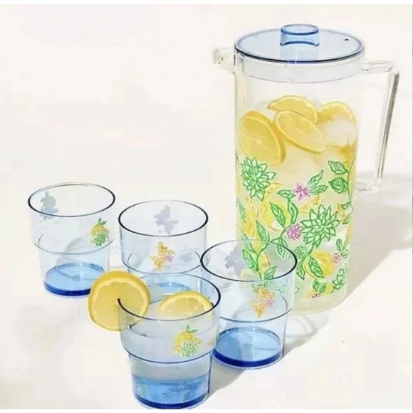 Lilly‎ Pulitzer Lemonade Pitcher & Cup Set of 4 New Make Lemonade