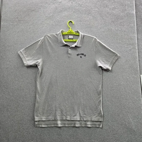 VINTAGE Polo Jeans Men Polo LARGE Gray Embroidered Text Button Logo Short Sleeve