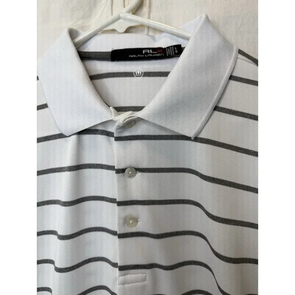 RLX Ralph Lauren L Large Gray White Stripe Shortsleeve Polo‎ Wicking Golf