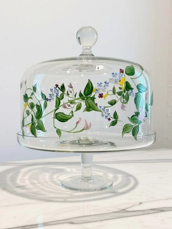 Hand-Painted Floral Glass Cake Stand with Dome