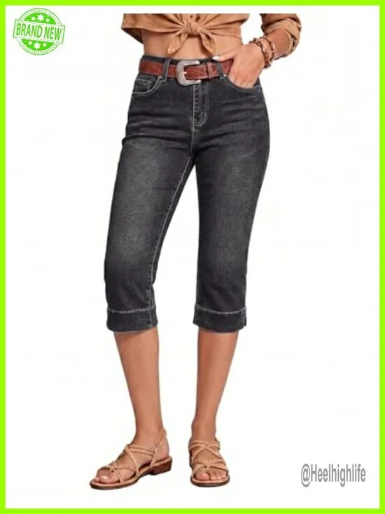 High Waisted Split Hem Cropped Capri Jeans Stretch Denim
