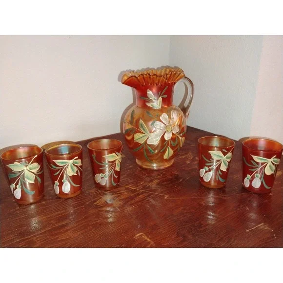 Fenton Marigold Carnival Glass Lotus Water Pitcher and 5 Glasses Set Vintage