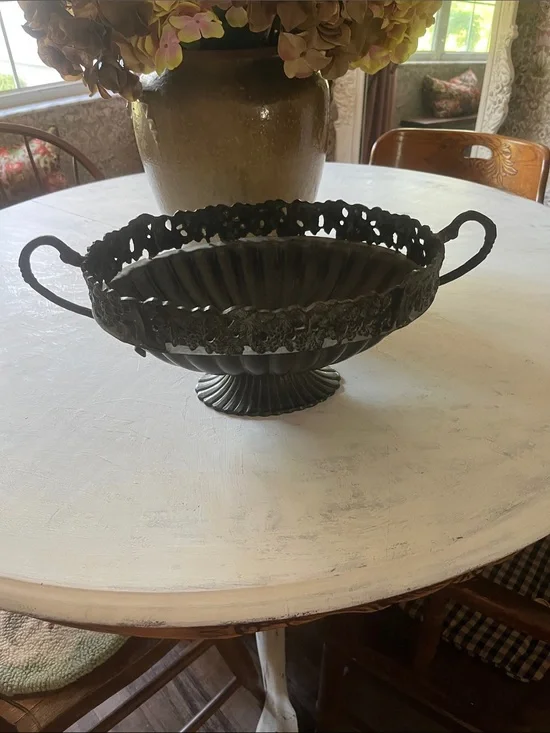 Ornate  vintage Metal Pedestal Bowl with Handles - Black Finish