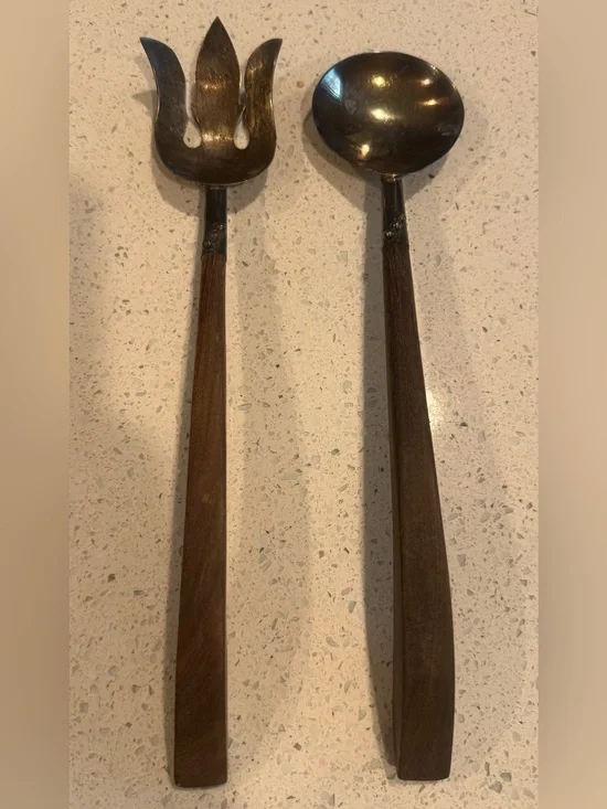 Vintage Mexican Sterling Silver 925 & Wood Salad Serving Set 11” Eagle Mark