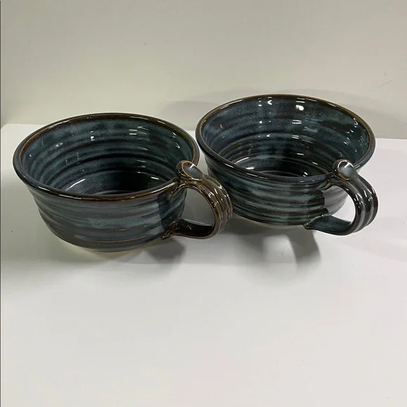 KENT FOLLETTE POTERY Set/2 Handcrafted Blue Soup Mugs Hand Thrown Earthenware