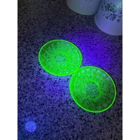Vintage Federal Green Depression Uranium Glass Saucers Plates 5.5 Inch Set of 2