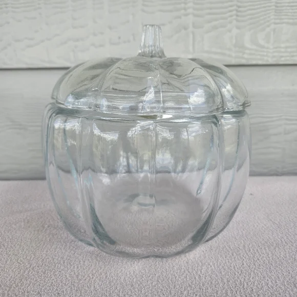 VTG Clear Glass Pumpkin Candy Dish Bowl with Lid Halloween Fall 6 1/2