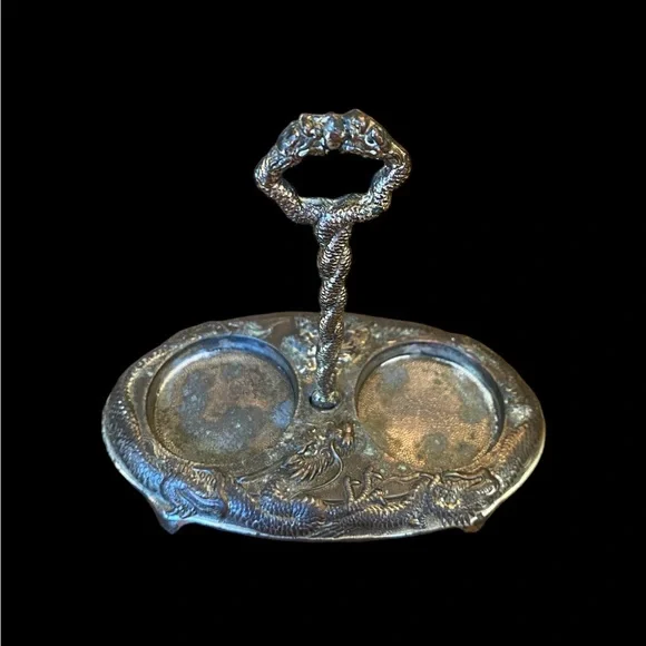 Vintage Japanese Dragon Silver Salt Cellar Caddy Tray • Repousse Antique