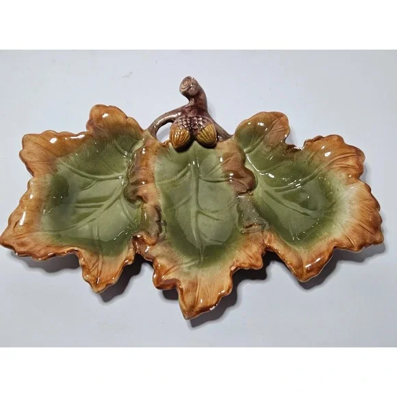 Vintage Majolica Style Ceramic Oak Leaf Acorn 3 Section Relish Dish Fall Tray