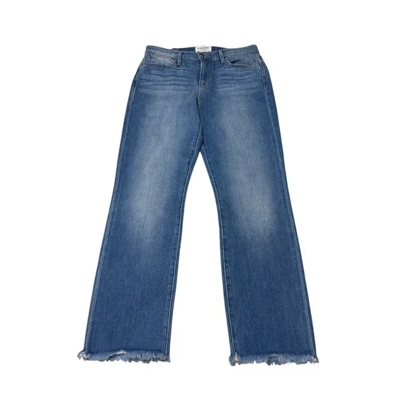 Frame Denim Le High Straight Jeans Opus Blue Raw Hem LHSTRB969 Womens Size 26X26
