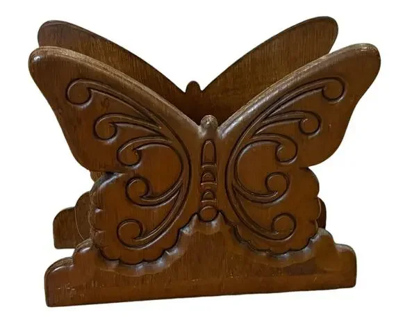 Vintage Wood Butterfly Napkin Holder Mail Sorter Carved Wooden Brown