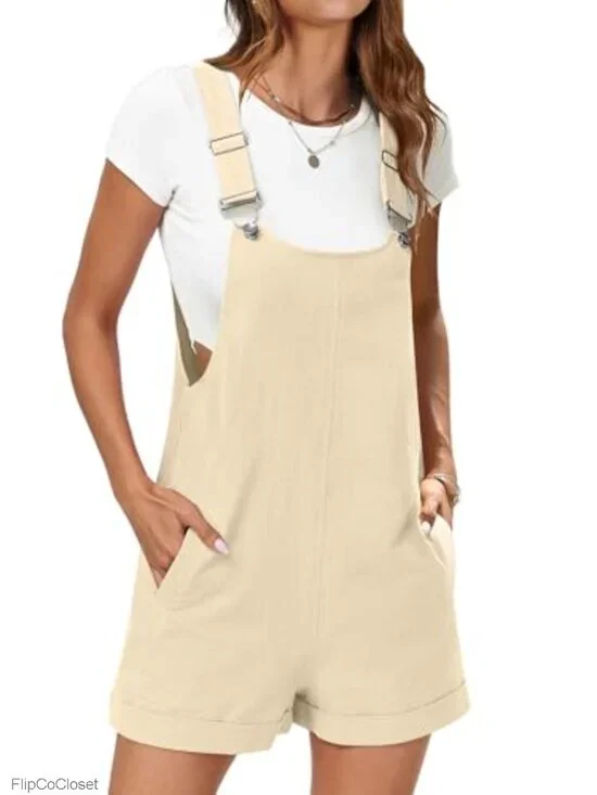 Women's Loose Fit Short Overalls Summer Adjustable Strap Square Neck Rompers