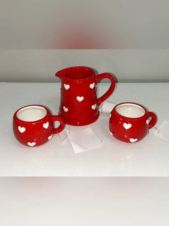 Hobby Lobby Red Ceramic Creamer & Mini Mugs Cups Set with White Hearts