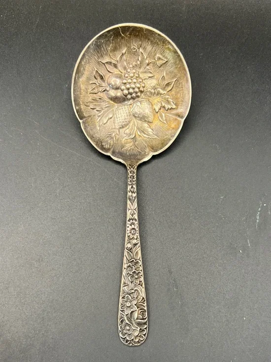 Antique-Style Floral Sterling Silver Serving Spoon - Decorative Tableware