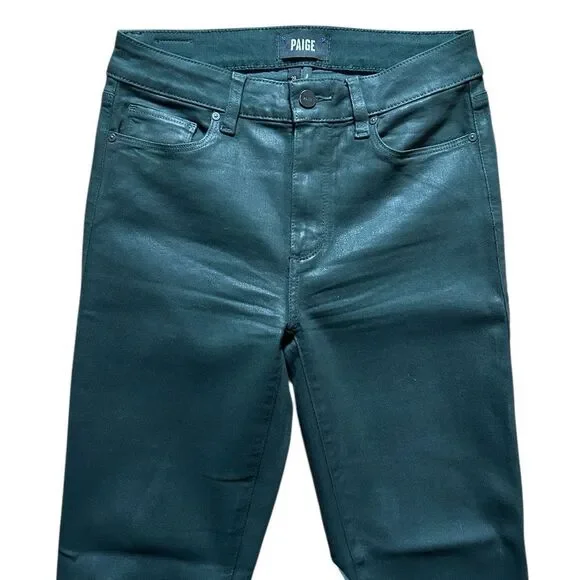 PAIGE Faux Leather Dark Green Hoxton Ankle Jeans