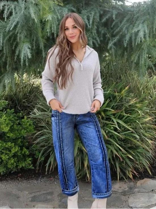 Wash Pleated High Rise Straight Leg Crop Jeans Without Belt 2XL FG30-22