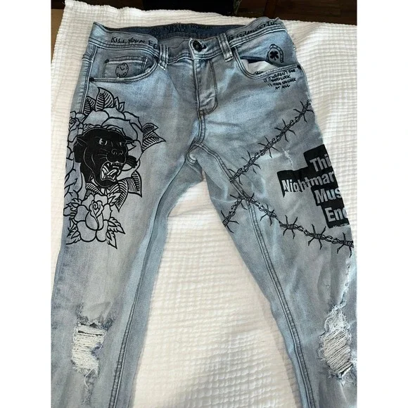 NINTH ROGUE HALL  Slim Distressed Graphic‎ Print Jeans Women's