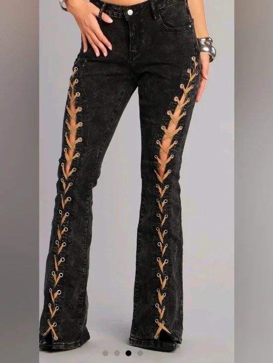 Black Lace-Up Side Panel Jeans