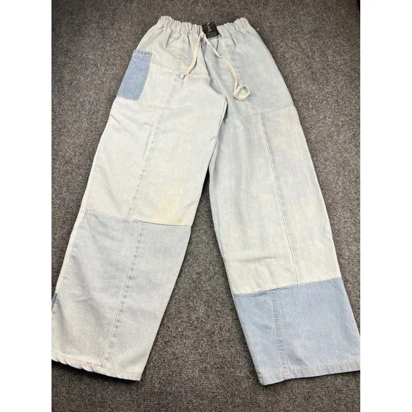 Patchwork Wide Leg Denim Pants Urban‎ Renewal Reworked Drawstring Streetwear S/M