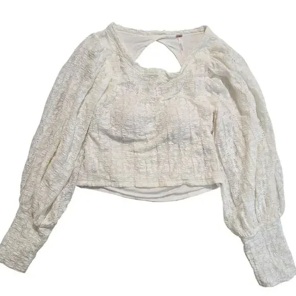 Free People Jasmine Tea Time Long Puff Lace Sleeve Top Open Back Sz S Romantic