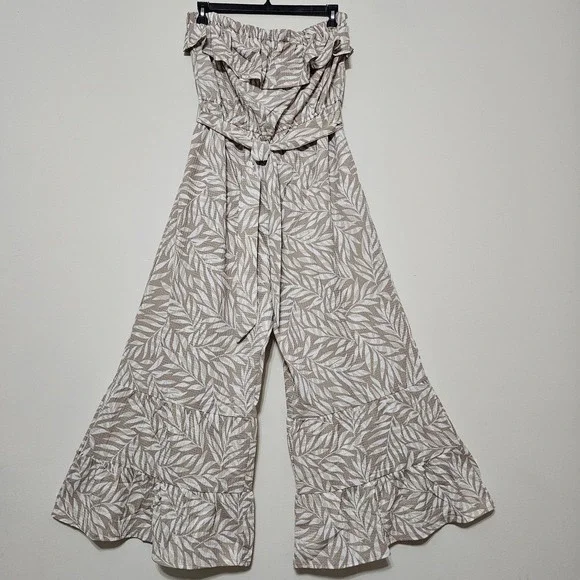 Womens Jumpsuit Size XL Brown Belted Ruffle Tube Top Wide Leg Sleeveless New 276