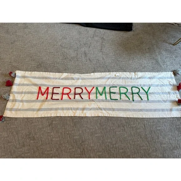Merry Merry Christmas Table Runner Striped Cotton Pom Pom Tassel Holiday Decor